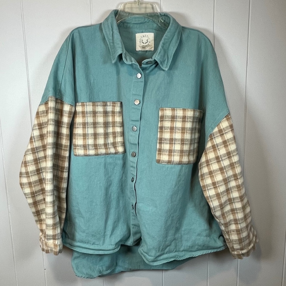Fantastic Fawn Teal Canvas w/ Plaid Flannel Pockets & Sleeves Shacket sz L